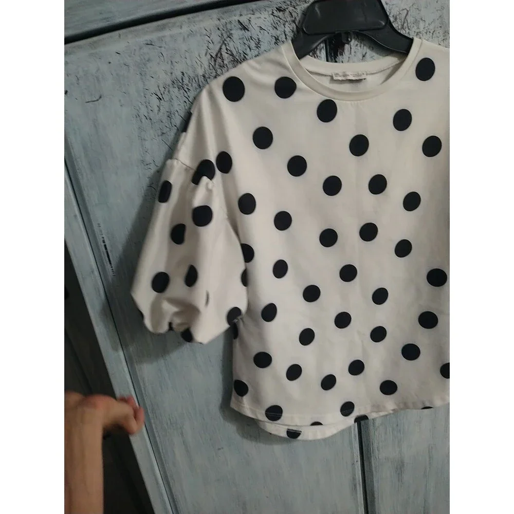 Zara Cream Blouse with Black Polka Dots and Puff Sleeves